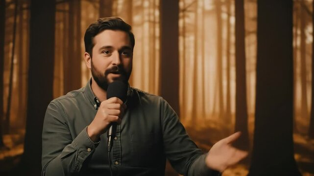Engaging stand-up comedy performance set in mystical forest with humorous storytelling and expressive gestures capturing audience's attention