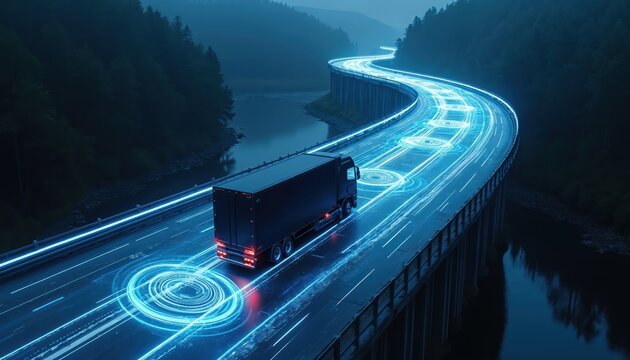 Autonomous truck navigates highway bridge with advanced AI sensors. Self-driving vehicle utilizes smart technology for futuristic freight logistics, enhanced road safety. Digital network supports