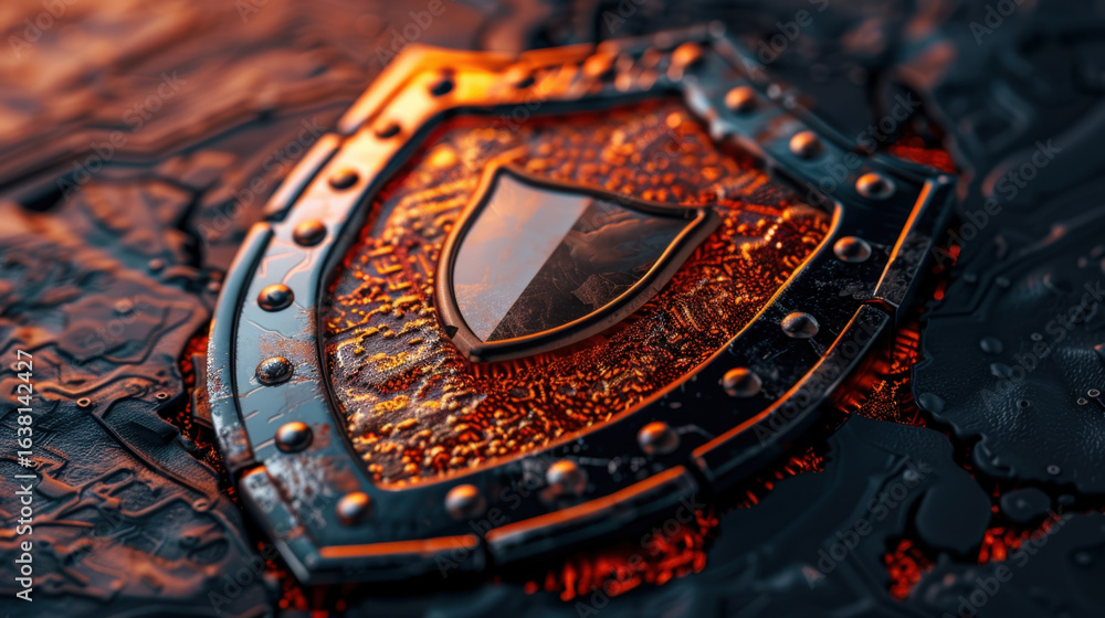 Poster detailed shield design with glossy surface, featuring intricate textures and metallic finish. shield