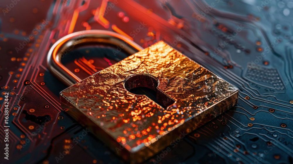 Poster shiny padlock rests dark circuit board, symbolizing security and protection digital age. intricate p