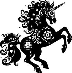 Elegant Unicorn Silhouette in Mexican Folk Art Style, Solid Black Vector Design