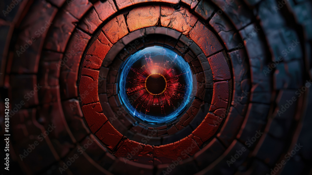Poster mesmerizing abstract design featuring circular pattern with glowing core. intricate layers of textur