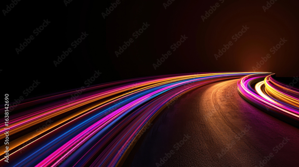 Poster vibrant light trails create dynamic and colorful scene, showcasing winding path illuminated by neon 
