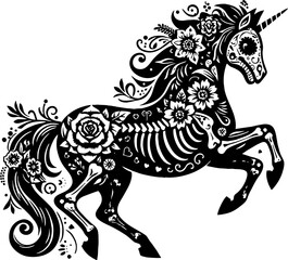 Elegant Unicorn Silhouette in Mexican Folk Art Style, Solid Black Vector Design
