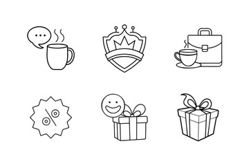 Benefits Icon set. a coffee mug and chat, a crown, a cup of coffee and briefcase  and more. Vector Illustration 