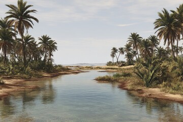 Tranquil oasis scene with palm trees and a clear river