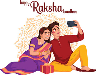 Obraz premium Raksha Bandhan celebration illustration, brother and sister taking selfie, traditional Indian festival, festive attire, sibling love, gift and joy