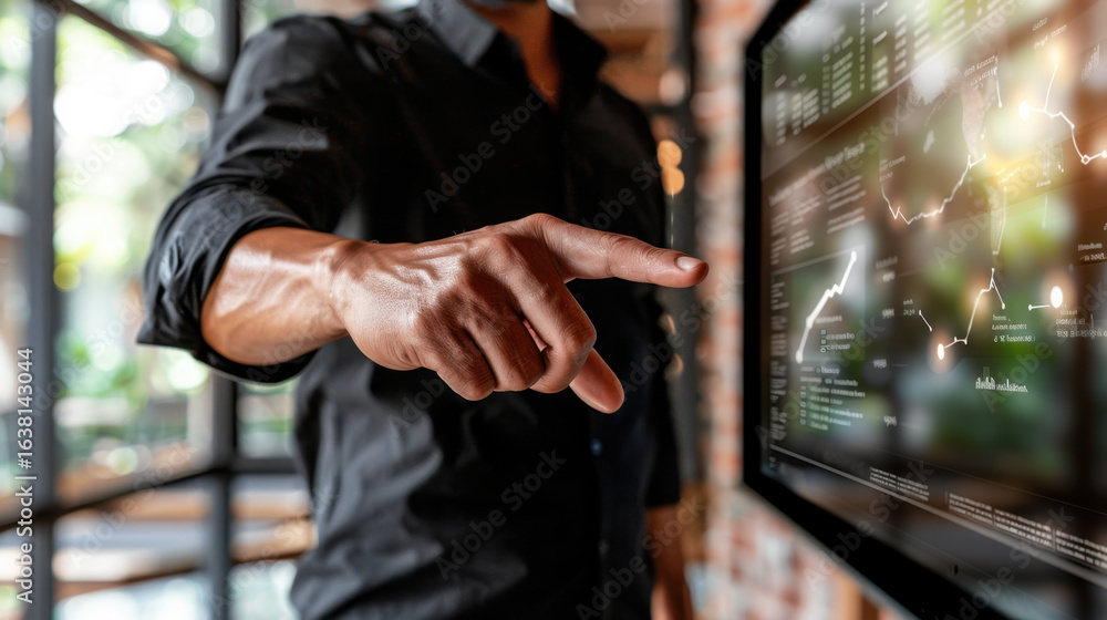 Aufkleber person interacts with digital screen displaying financial data and graphs, showcasing modern technol
