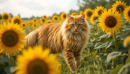 Cute tabby cat sitting among bright yellow sunflowers in a sunny field