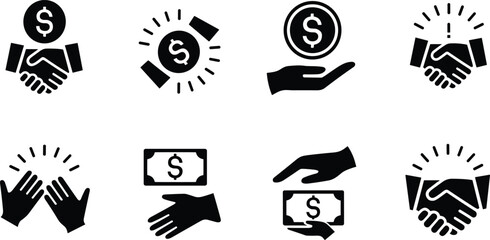 Set of money and handshake icons, black and white business icons, financial transaction symbols, minimalist deal and payment concept
