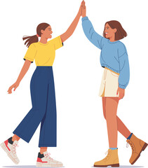 Two young women high five, celebrating friendship and success, modern flat illustration, happy friends bonding, teamwork and motivation concept