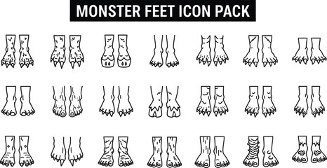 Monster feet icon pack featuring various creature foot designs in black lines