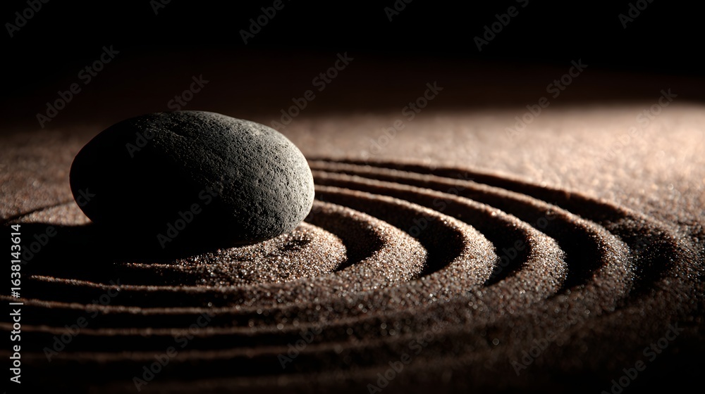 Poster dark stone placed in the center of a circular pattern of sand.