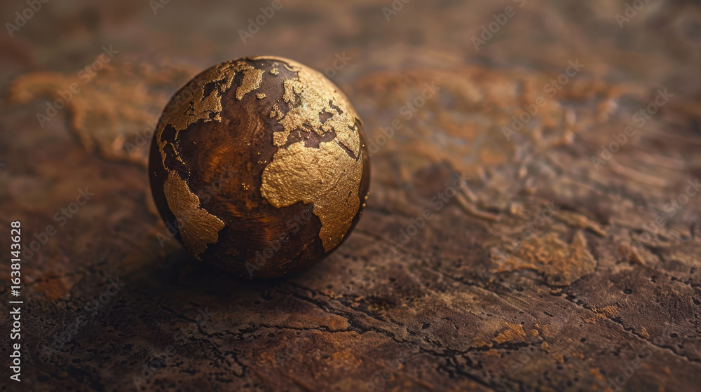 Poster golden globe representing earth rests on textured, rustic surface, symbolizing global unity and expl
