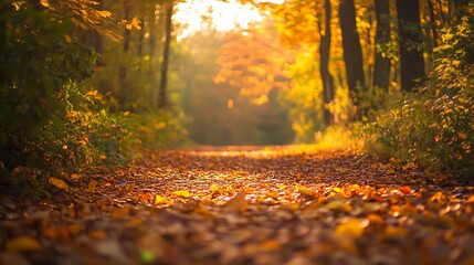 Obraz premium Walking Path Covered in Autumn Leaves Through Forest at Sunset
