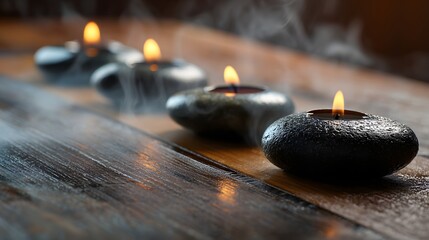 Lit candles in stone-shaped holders on a wooden surface.