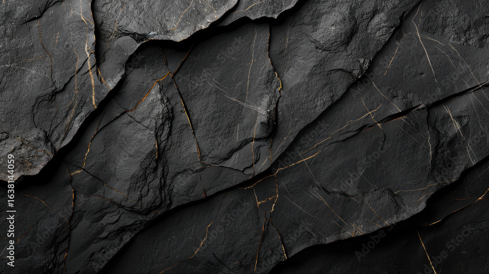 Poster textured black stone surface with intricate patterns and golden veins, creating dramatic and elegant