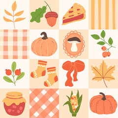 geometric autumn pattern with pumpkins, foliage. mushrooms, berries