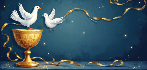 Elegant illustration of two white doves beside ornate golden chalice, christening baptism celebration. Golden ribbons flow around scene, creating festive yet solemn atmosphere. Perfect for