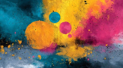 Vibrant abstract art painting featuring a dynamic composition of flowing multicolored splashes splatters and droplets on a dark background creating a sense of energy and creativity