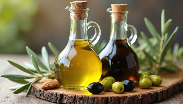 Two glass bottles of pure olive oil, balsamic vinegar sit on rustic wooden board with green, black olives. Natural, healthy culinary setup offers taste of Mediterranean cuisine. Perfect for food - Powered by Adobe
