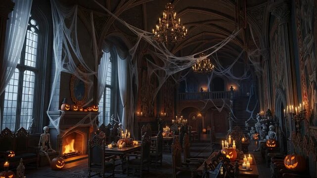 Spooky Halloween party in a haunted castle. Gothic dining hall decorated with pumpkins, skeletons, and cobwebs. Eerie, candlelit interior.