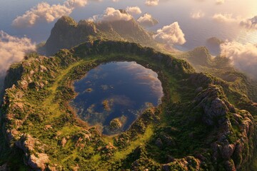 High-angle view of a crater lake nestled in a mountainous landscape. Lush vegetation surrounds the caldera. Soft, golden light bathes the scene