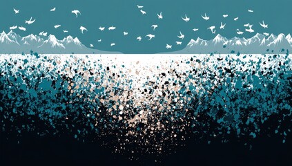 Teal and beige mountains meet a splatter of colors in a digital art piece.  Birds fly above a textured, splashy landscape