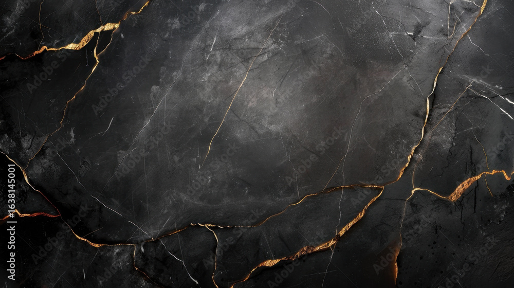 Poster textured black marble surface with golden veins and cracks, creating luxurious and elegant appearanc