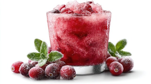 Cranberry smoothie in a frosty glass with fresh cranberries and leaves scattered on white