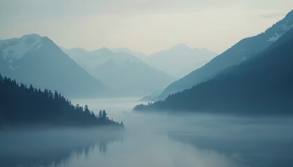 Misty morning over mountain range and calm sea. Layers of forest-covered hills fade into atmospheric haze. Snow-capped peaks visible in distance. Serene natural landscape, perfect for travel themes.