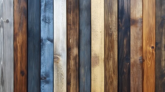 Photograph of vertical wooden planks display a gradient of dark gray, blue, white, brown, and black tones.