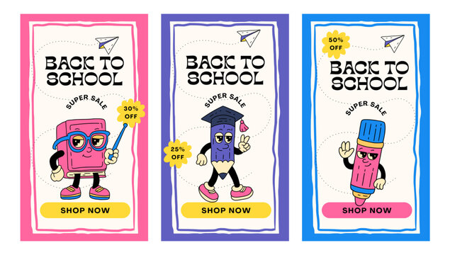 Back To School Sale Banner Discount Label Shop Ads Promotion Vector Set School Supplies Cartoon Mascot Characters