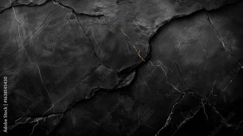 Poster textured black stone surface with visible cracks and golden veins creates dramatic and elegant backd