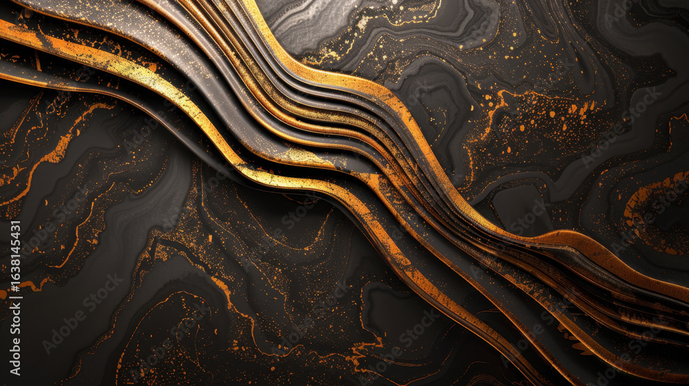 Poster elegant abstract design featuring flowing lines in gold and black, creating luxurious and modern aes