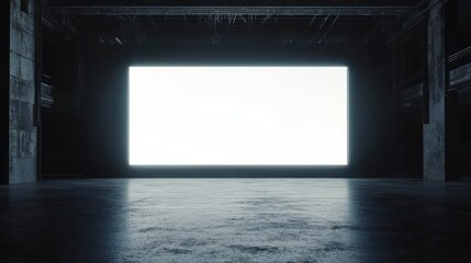 Front view of blank white glowing digital screen in dark hall interior with concrete floor and black wall. Presentation concept. Mockup, closeup, 3D Rendering