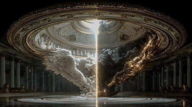 Angelic and Demonic Wings Converging in a Gothic Hall