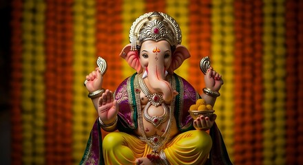 Lord ganesha idol with sweets and flower garland. Hindu god of success.
