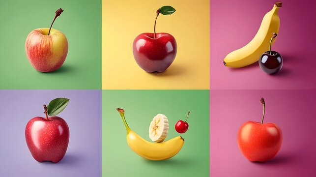 Photograph of compositional still life photograph of three red apples and a sliced banana against vibrant colored...
