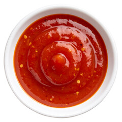 top view of red hot chili pepper sauce on white bowl isolated on white