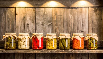 Pickled Vegetables in Jars on a Wooden Shelf