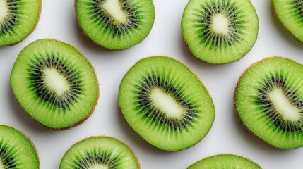 Fototapeta premium Freshly sliced kiwi fruit with seeds and vibrant green color arranged on a clean white background