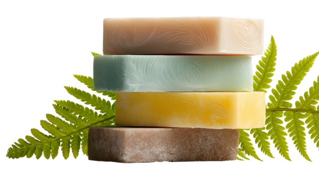 Natural Handmade Soap Bars with Fern Leaf on Towel – Organic Skincare Concept on Transparent Background 