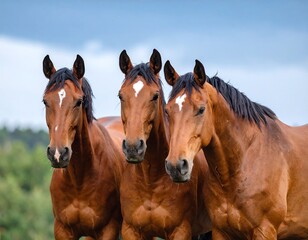 Obraz premium Three brown horses in a field