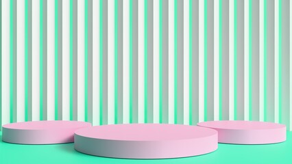 Three Pink Round Pedestals on Striped Background