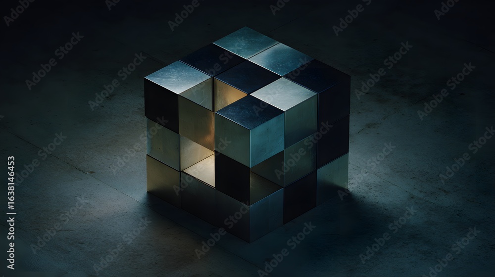 Poster geometric cube composed of smaller cubes, illuminated from within.