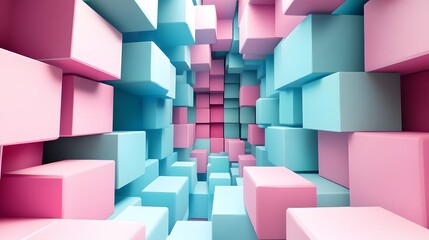 3D render of a stylized, infinite corridor filled with receding pink and turquoise cubes.