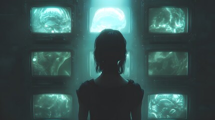 A woman contemplates screens displaying unusual imagery.