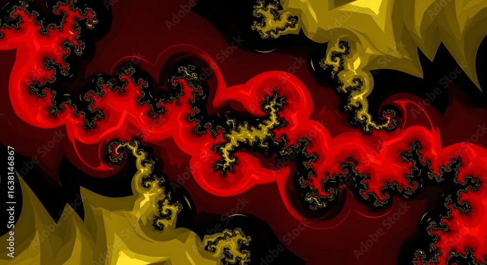Poster a fractal pattern with red and yellow colors swirling against a dark background with intricate detai