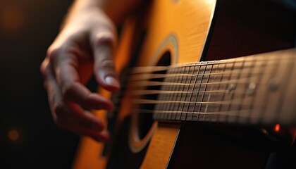 Fototapeta premium Musician plays acoustic guitar, close-up on strings and fretboard. Natural light enhances warm tones. Fingers strumming create melody and harmony. Focus on passion and skill in live music performance.